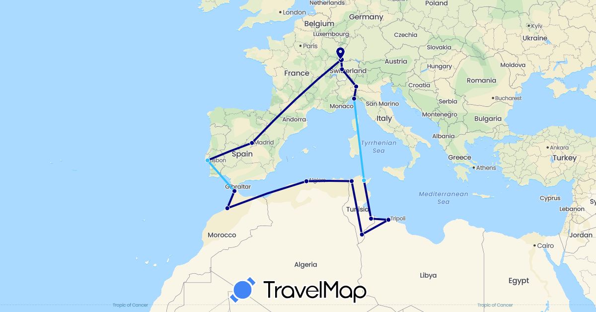 TravelMap itinerary: driving, boat in Switzerland, Algeria, Spain, France, Italy, Libya, Morocco, Portugal, Tunisia (Africa, Europe)